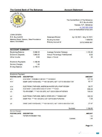 Download Bahamas The Central bank of the Bahamas bank statement excel Photoshop template